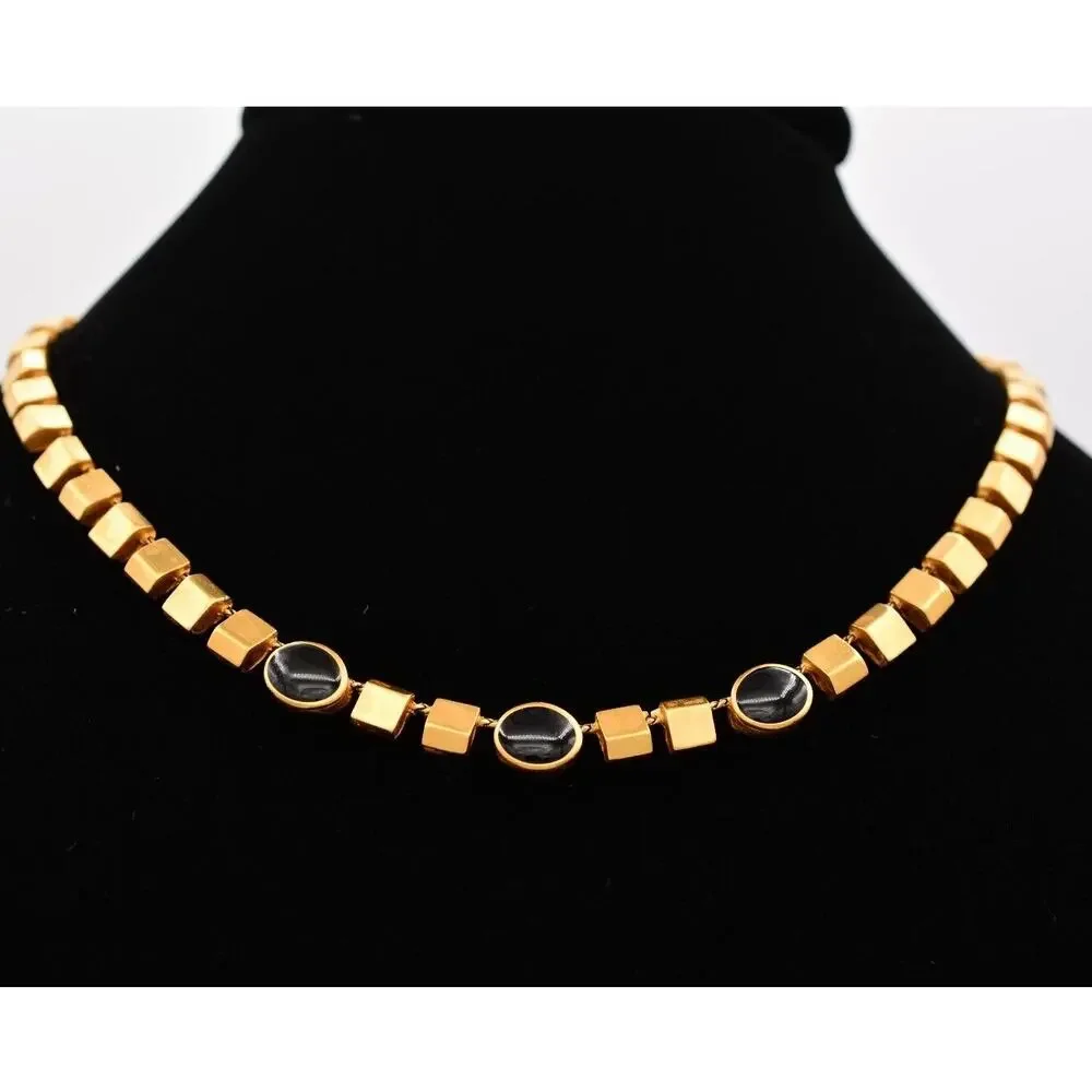 Anne Klein Vintage Collar Necklace Brushed Gold Black Heavy Signed 1980s Bin3B